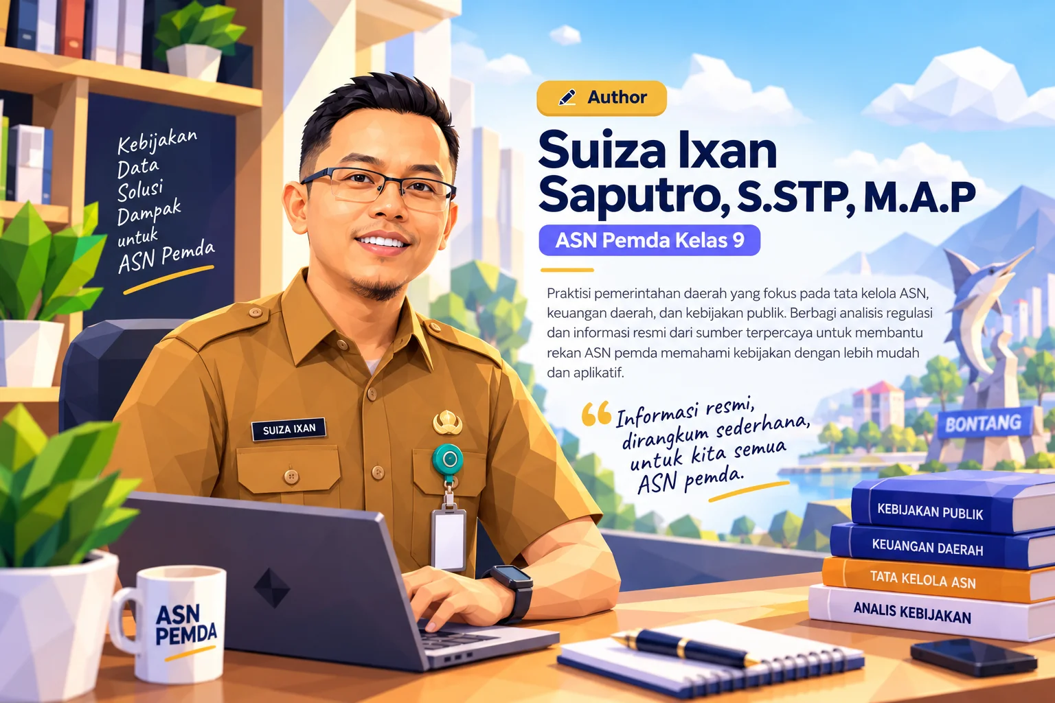 Ilustrasi low-poly 3D profil Suiza Ixan Saputro, S.STP, M.A.P, ASN Pemda Kelas 9